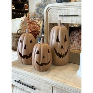 Set of 3 Terracotta Pumpkin Jack-o'-Lanterns - Fall & Halloween Home Decor